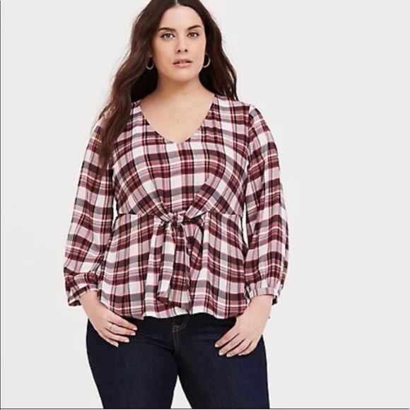 TORRID Red Plaid Georgette Tie Front Blouse Top 2X - Picture 1 of 14